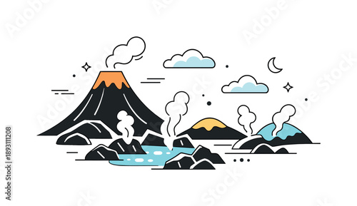Volcanic Serenity. Volcanic landscapes and geological formations. A quiet landscape with volcanic rocks, steam vents, and soft clouds drifting above. The