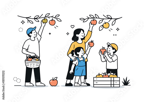 Family Apple Picking. Family apple picking together. Parents and children reaching for apples from low branches, gentle cooperation and relaxed family time.