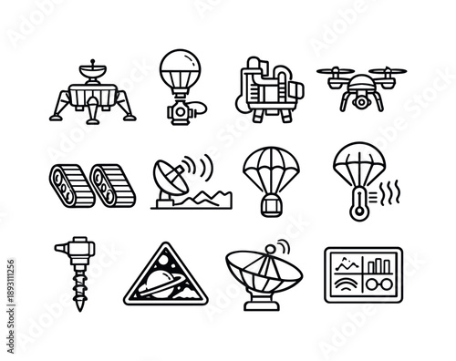 Titan Exploration Icons. Titan exploration. Line icon set of Titan exploration: lander module, atmospheric sampler, methane analyzer, drone explorer, rover