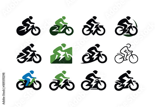 Electric Bicycle Icons. electric bicycles. Icon set. Set Logo of electric bicycles: cyclist riding modern e-bike. harmonious logo variations of the same
