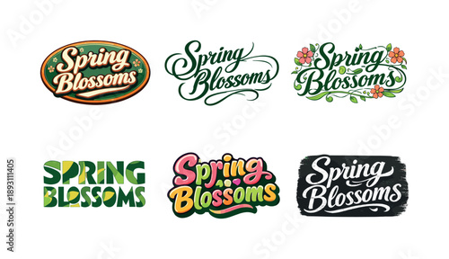Spring Lettering Variations. Spring blossoms. Set lettering. harmonious lettering variations of the same emblematic concept, each with different artistic