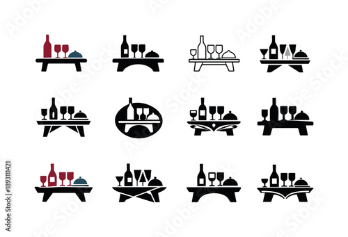 Food and Wine Icons. Food and wine festivals. Icon set. Set Logo of food and wine festivals: tasting table with plates and glasses. harmonious logo variations
