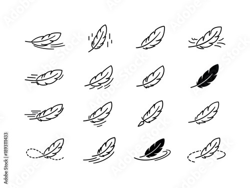 Feather Icon Set. Feather Flight. Line icon set of Feather Flight: feather gliding, feather ascending, floating plume, aerial feather, feather breeze, upward