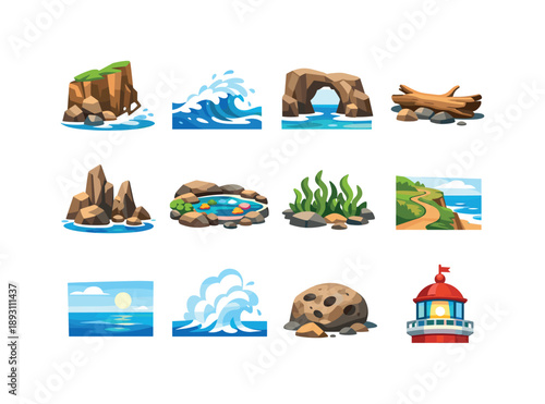 Rocky Coast Icons. Rocky coast. Colorful flat vector icons set of rocky coast: rugged cliff, foamy sea, coastal arch, driftwood, rock formations, tide pool,
