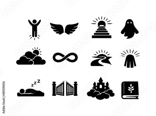 Afterlife Icon Set. Afterlife beliefs. Solid icon set of Afterlife beliefs: soul rising, angel wings, stairway to light, spirit icon, peaceful sky, eternity