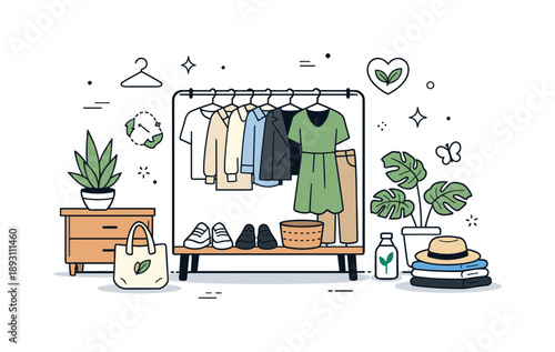 Eco-Friendly Wardrobe Scene. Sustainable wardrobe scene. A limited set of clothes in calm colors, plants nearby hinting at eco-conscious fashion and long-term