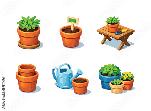 Colorful Garden Pot Icons. Garden Pots. Isometric flat vector icons set of Garden Pots: terracotta pot with herb, labeled pot marker, pot on garden table,