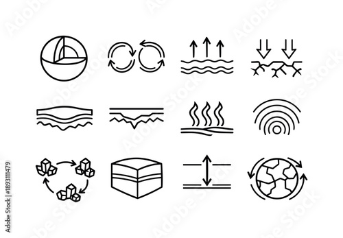 Earth Mantle Icons. Earth Mantle. Line icon set of Earth Mantle: mantle layer, convection currents, rising magma arrows, sinking material arrows, asthenosphere