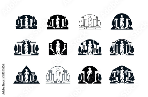 Palatial Garden Logo Set. Palatial gardens. Icon set. Set Logo of Palatial gardens: classical statue in garden. harmonious logo variations of the