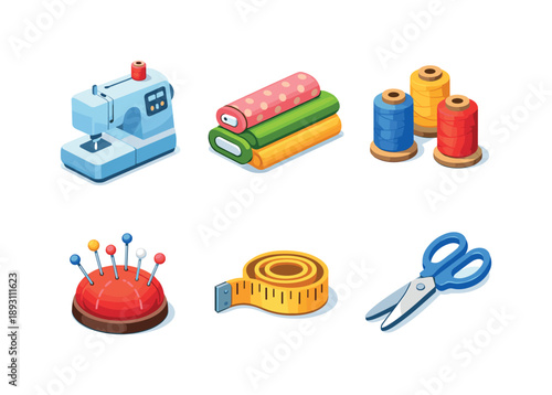 Sewing Icon Set. Sewing and handmade. Isometric flat vector icons set of Sewing and handmade: sewing machine, fabric rolls, thread spools,