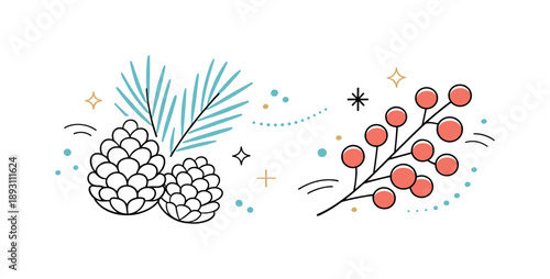 Winter Foliage Elegance. Winter foliage illustration. Stylized pine cones and berry branches gently overlapping, with light decorative dots and lines adding