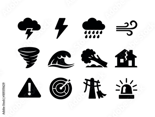 Violent Storm Icons. Violent storms. Solid icon set of violent storms: thundercloud, lightning bolt, heavy rain, strong wind lines, tornado funnel, flood wave,