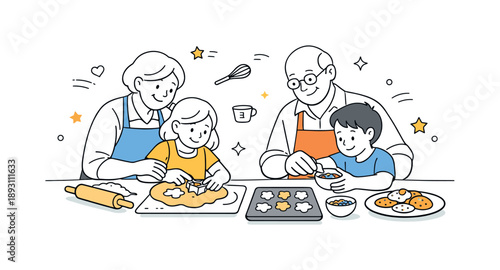 Baking with Grandparents. Baking with grandparents. An elderly couple guiding kids while baking cookies at the table. Gentle learning, care, and festive warmth