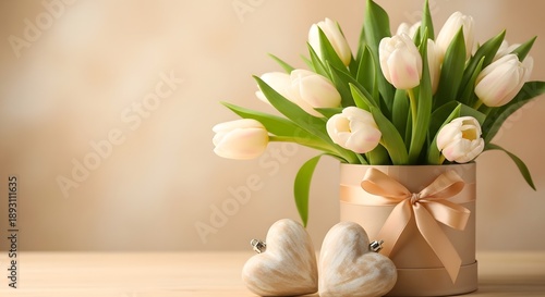 Beautiful white tulips and bunny figurines for mother's day gift ideas