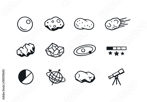 Minor Planet Icons. Minor planets. Line icon set of minor planets: dwarf planet, asteroid, KBO object, comet nucleus, rocky fragment, icy fragment, orbit