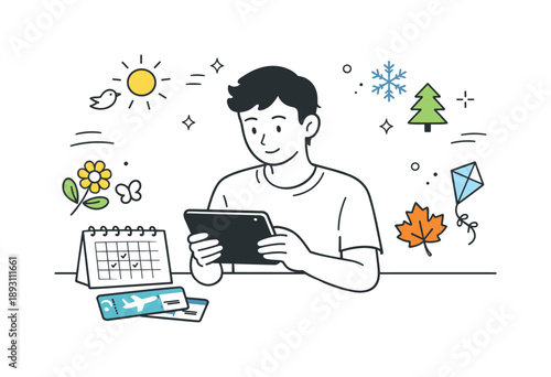 Seasonal Travel Planning. Seasonal travel planning visuals. A person calmly reviewing travel plans on a tablet with a calendar and tickets nearby, small