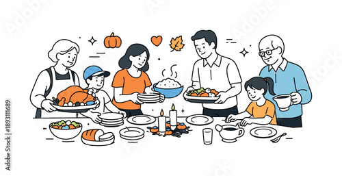 Thanksgiving Dinner Prep. A family gathered around the table for Thanksgiving dinner preparation. A calm kitchen-to-table moment with family members placing