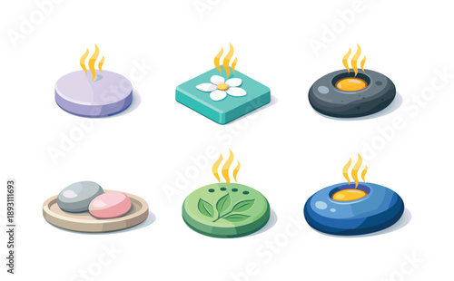 Aroma Stones Icons Grid. Aroma Stones. Isometric flat vector icons set of Aroma Stones: round scent stone, square aroma tile, drilled oil stone, minimalist