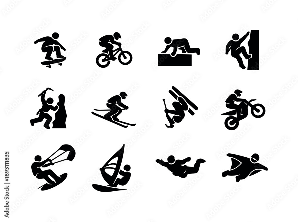 Fototapeta premium Extreme Sports Icons. Extreme Sports Motion. Solid icon set of Extreme Sports Motion: skateboard trick, BMX jump, parkour vault, rock climbing move, ice