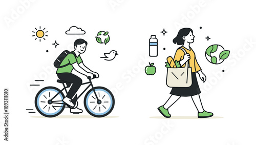 Eco-Friendly Transportation. Green lifestyle transportation. Person riding a bicycle or walking with reusable bag. Sustainable mobility and everyday eco