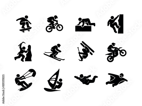 Extreme Sports Icons. Extreme Sports Motion. Solid icon set of Extreme Sports Motion: skateboard trick, BMX jump, parkour vault, rock climbing move, ice