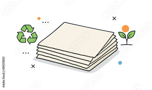 Eco-Friendly Stationery Design. Recycled paper sheets. A small stack of recycled paper sheets with slightly uneven edges, subtle texture visible. Eco-friendly