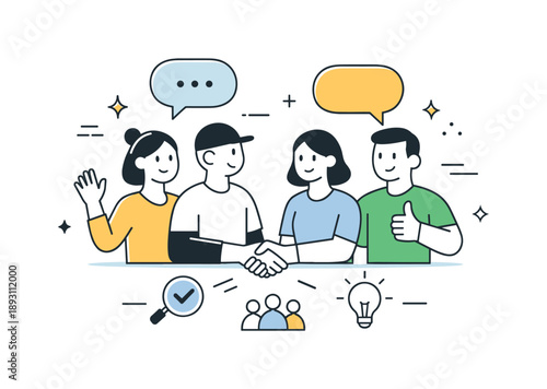 Collaborative Team Dynamics. Hiring and Teamwork Themes. Friendly team of abstract characters standing together with soft dialogue bubbles and spark icons.