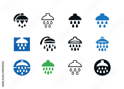 Personal Hygiene Icons. Personal hygiene. Icon set. Set Logo of personal hygiene: showerhead with water droplets. harmonious logo variations of the same