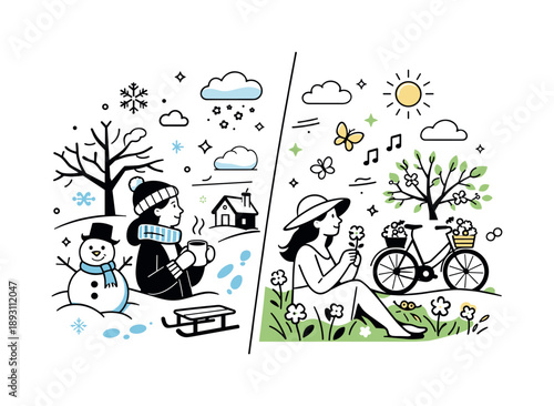 Winter to Spring Transition. Season change contrast graphics (winter to spring). Editorial split scene showing transition from snowy winter elements to fresh