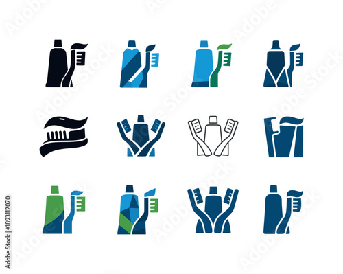 Hygiene Icon Set. Personal hygiene. Icon set. Set Logo of personal hygiene: toothbrush and toothpaste combo. harmonious logo variations of the same emblematic