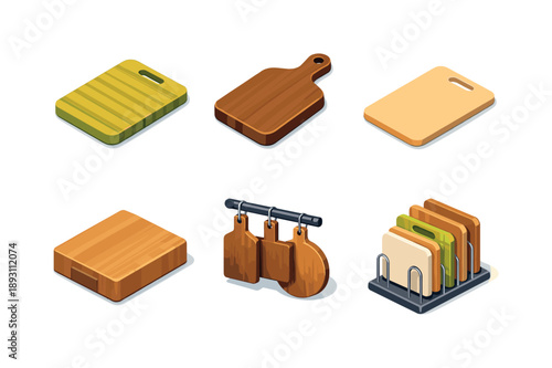 Isometric Kitchen Boards. Kitchen Boards. Isometric flat vector icons set of Kitchen Boards: bamboo chopping board, wooden cutting board, thin prep board,