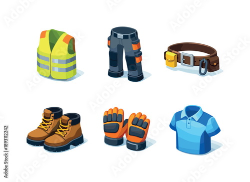 Colorful Workwear Icons. Workwear. Isometric flat vector icons set of Workwear: high-visibility vest, reinforced pants, utility belt, durable boots, padded