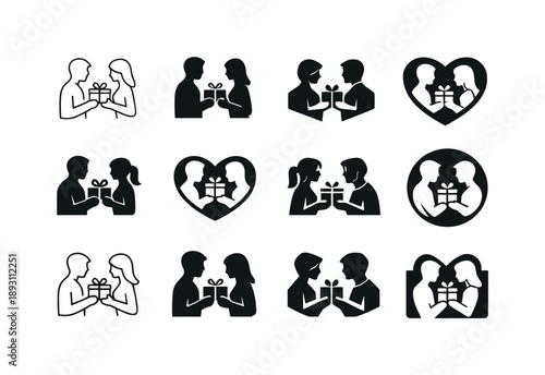 Couple Gift Logo Variations. happy couple exchanging thoughtful gifts. Icon set. Set Logo of happy couple exchanging thoughtful gifts: couple silhouette with