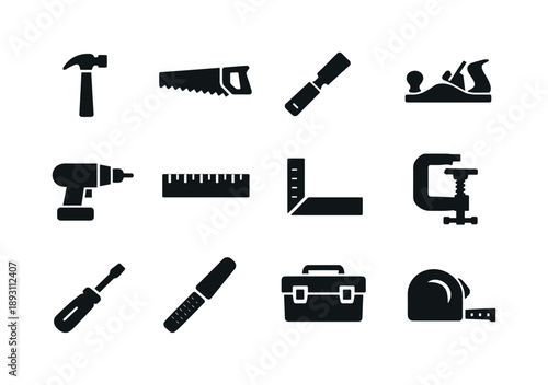 Woodworking Tools Icon Set. Woodworking Tools. Solid icon set of Woodworking Tools: hammer, saw, chisel, plane, drill, ruler, square, clamp, screwdriver, wood