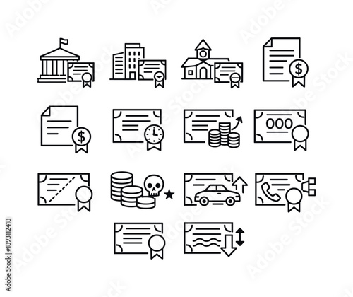 Bond Type Icons. Bond Types. Line icon set of Bond Types: government bond, corporate bond, municipal bond, treasury bill, treasury note, treasury bond,