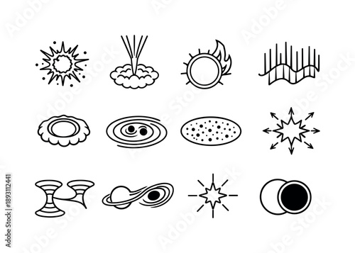 Cosmic Phenomena Icons. Cosmic phenomena. Line icon set of cosmic phenomena: supernova, gamma ray burst, solar flare, aurora, shockwave ring, gravitational