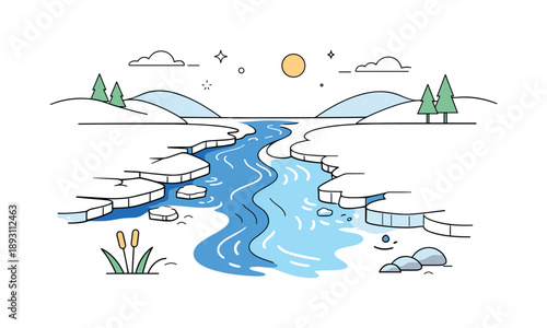 Flowing Serenity. Flow returning. A minimal river landscape where frozen sections dissolve into moving water, maintaining visual balance. Serene feeling of