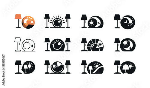 Mood Lighting Icons. Creating mood lighting with a dimmer. Icon set. Set Logo of creating mood lighting with a dimmer: floor lamp. harmonious logo variations