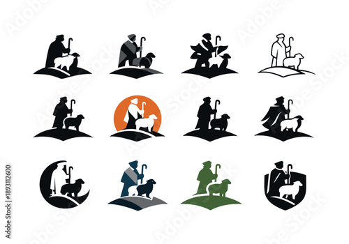 Shepherd Logo Variations. Shepherd. Icon set. Set Logo of Shepherd: shepherd silhouette on hill. harmonious logo variations of the same emblematic concept,