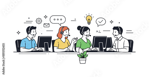 Efficient Call Center Team. Customer service call center. Small team of agents working at desks with headsets and monitors, focused and calm environment.