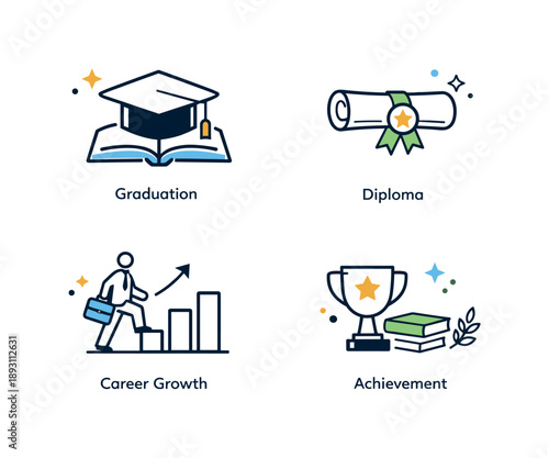 Academic Success Icons. University and career icons. A refined icon set showing graduation, diploma, career growth, and academic achievement,