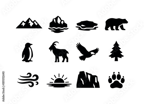 Polar and Mountain Icons. Polar and mountain habitats. Solid icon set of Polar and mountain habitats: snowy peaks, glacier ice, arctic ice floe, polar bear