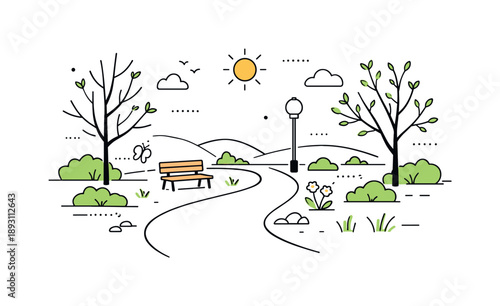 Spring Park Awakening. Early spring park scene. A clean landscape illustration with a path, trees, and fresh greenery beginning to grow, suggesting the start