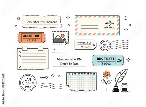 Vintage Paper Collection. Old paper ephemera. A curated flat lay of aged paper scraps, tickets, stamps, and typewritten notes arranged neatly, showing vintage