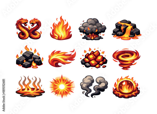 Inferno Snakes Icons. Inferno snakes. Colorful isometric vector icons set of Inferno snakes: twin serpents blaze, roaring flames, ash clouds, magma flow,