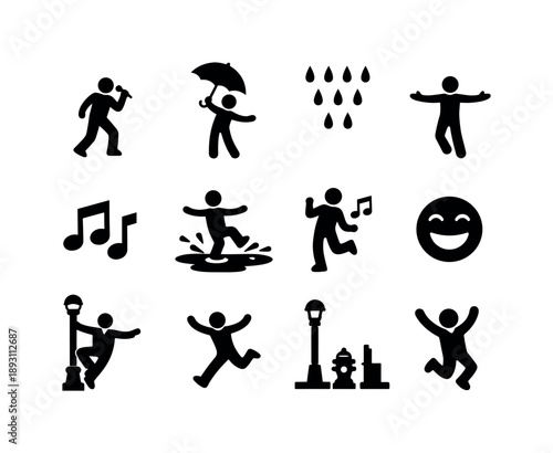 Joyful Rain Icons. Joyful rain performance. Solid icon set of Joyful rain performance: solo singer, umbrella raised, falling raindrops, open arms, musical