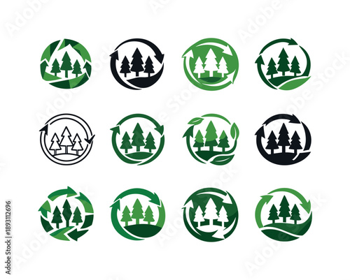 Reforestation Logos Collection. Reforestation. Icon set. Set Logo of reforestation: forest regeneration cycle. harmonious logo variations of the same