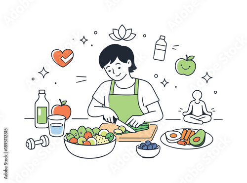 Mindful Meal Preparation. Healthy eating and nutrition for self-care. Person preparing a balanced meal with fresh vegetables and fruits, calm and mindful