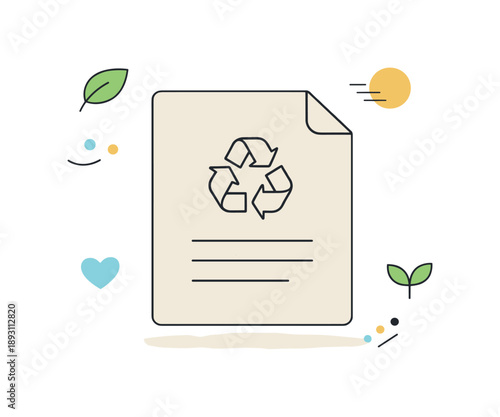 Recycled Paper Artistry. Minimal recycled paper illustration. A single recycled paper sheet centered with abstract accents floating around. Simplicity, reuse,