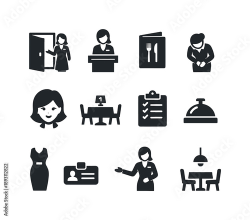 Restaurant Hostess Icons. Restaurant Hostess. Solid icon set of Restaurant Hostess: hostess at entrance, reservation stand, menu folder, greeting bow, service